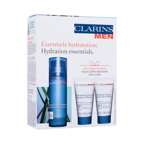 Clarins Men Hydration Essentials dárková kazeta pro muže pleťový balzám Men Super Moisture Balm 50 ml + šampon Men Shampoo & Shower 30 ml + čisticí gel Men Active Face Wash 30 ml + oční sérum Double Serum Eye 0,9 ml