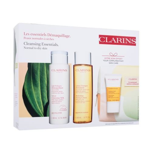 Clarins Cleansing Essentials dárková kazeta pro ženy čisticí mléko Velvet Cleansing Milk 200 ml + pleťové tonikum Hydrating Toning Lotion 200 ml + peeling Nourishing Oil Scrub 15 ml + kosmetická taštička