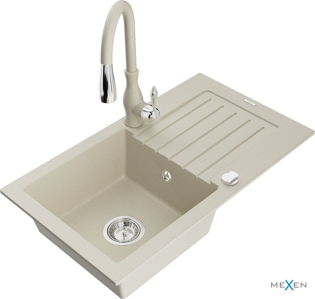 MEXEN/S Pablo granitový dřez 1 s odkapávačem včetně baterie Savita, béžová 6510-69-672601-69