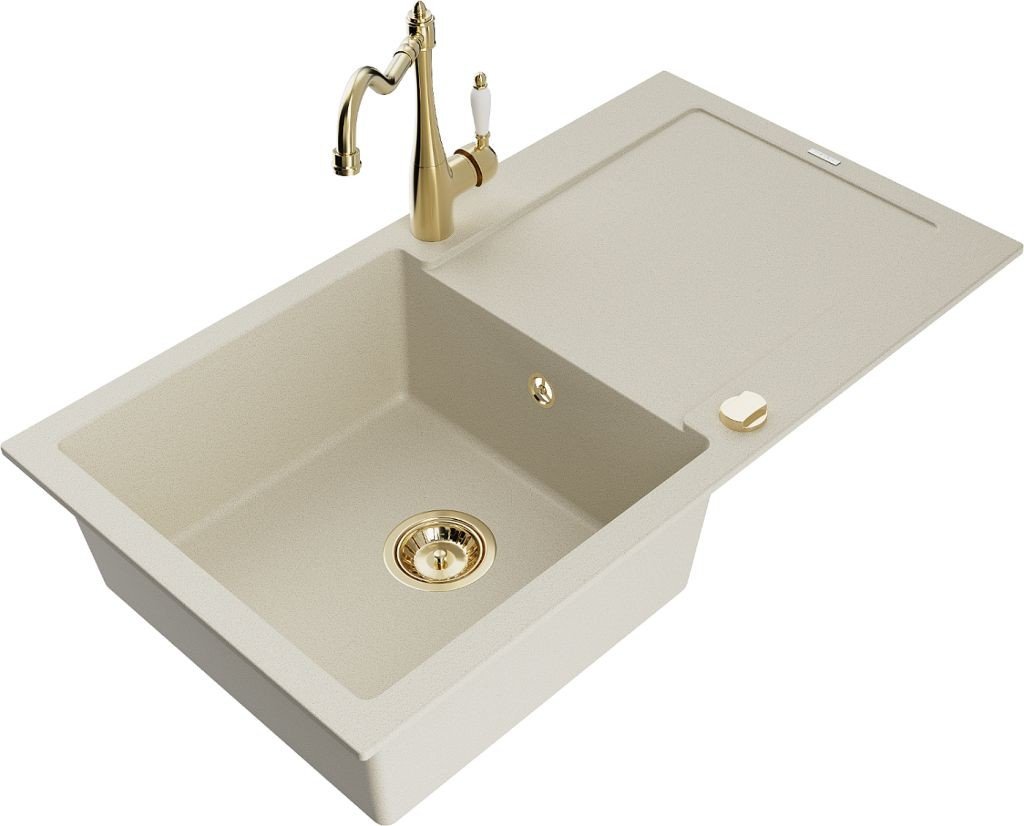 MEXEN/S Leogranitový dřez 1 s odkapávačem včetně baterie Carla, béžová 6501-69-670700-50