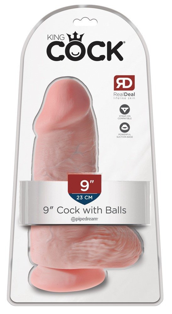 King Cock 9 - adhesive sole, testicle dildo (23cm) - natural