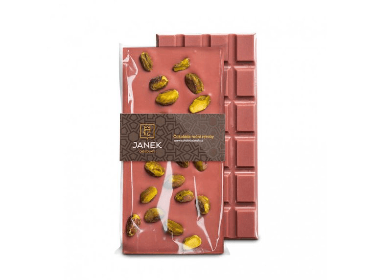 Čokoláda Janek Ruby čokoláda s pistáciemi, 90g, Čokoládovna Janek