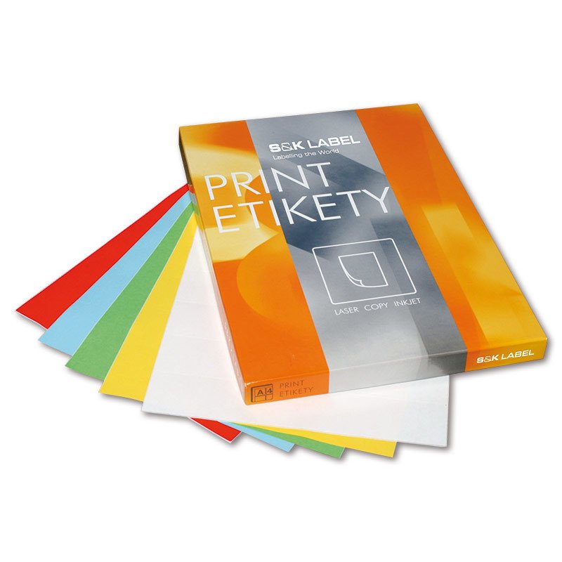 Samolepicí barevné etikety SK Label - mix barev, 210 x 297 mm, 100 ks