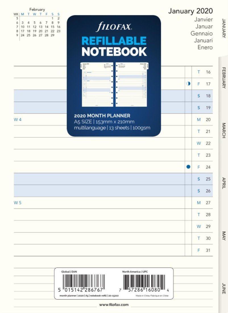 Plánovací kalendář do Filofax Notebook, měsíční
