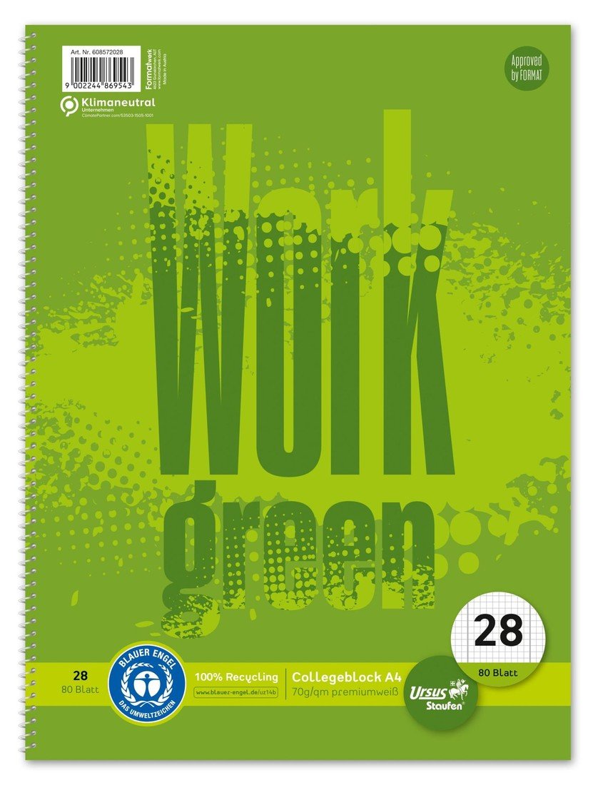 Ursus Green Blok s boční vazbou College Ursus - A4, 80 listů, čtverečkovaný s okrajovou linkou