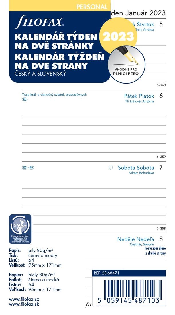 Náplň pro FILOFAX A6 kalendář týdenní