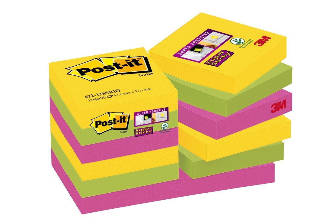 Samolepicí bločky Post-it Super Sticky Rio - 12 ks, 47,6 x 47,6 mm, mix barev