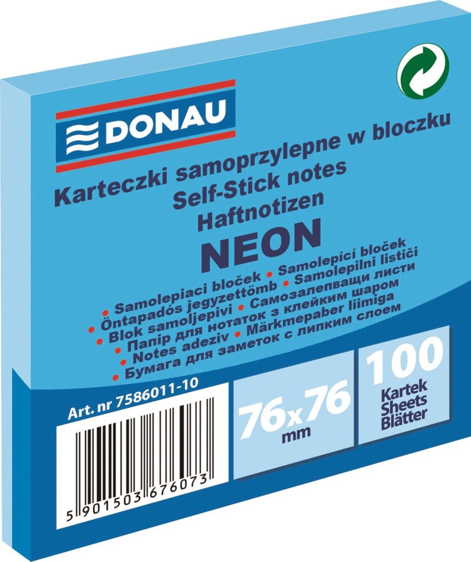 Samolepicí bloček Donau - 76 x 76 mm, 100 l, neonový modrý