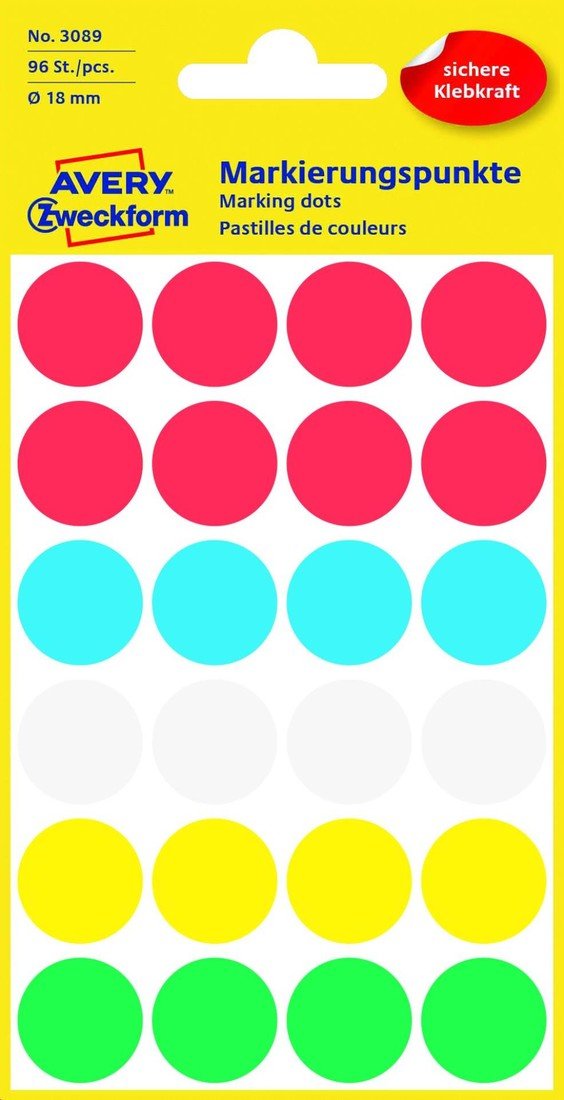 Kulaté etikety Avery Zweckform - mix barev, průměr 18 mm, 96 ks