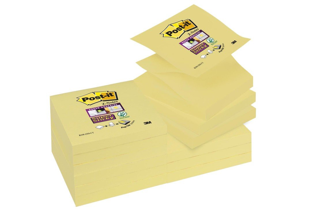 Poznámkové samolepicí Z-bločky Post-it Super Sticky - žluté, 7,6 x 7,6 cm, 12 ks