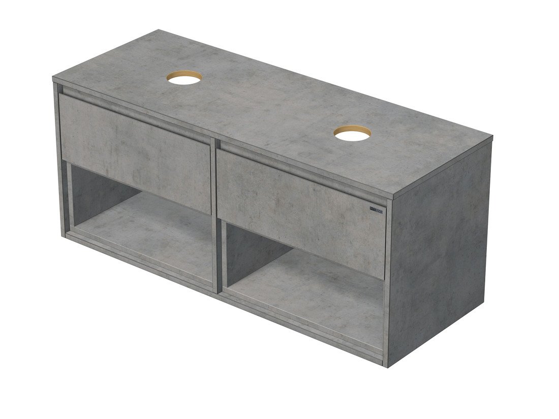 Emmy Design EMMY 120 cm beton/beton s dvěma zásuvkami a 2x otevřenou nikou, pro umyvadla na desku (F186/F186)
