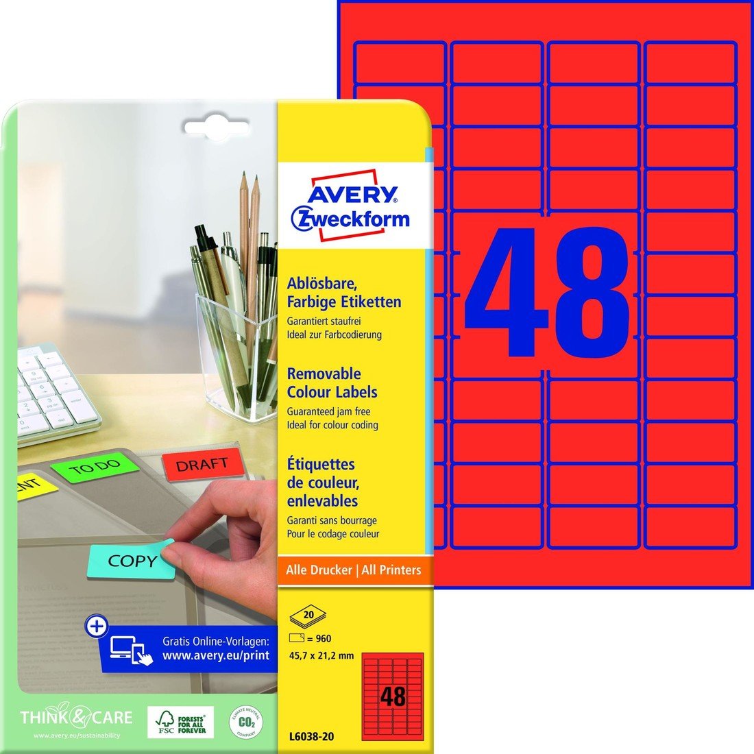 Avery Zweckform Samolepicí snímatelné etikety Avery - červené, 45,7 x 21,2 mm, 960 ks