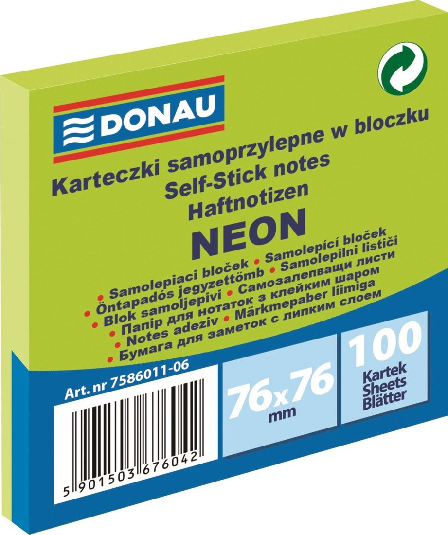 Samolepicí bloček Donau - 76 x 76 mm, 100 l, neonový zelený