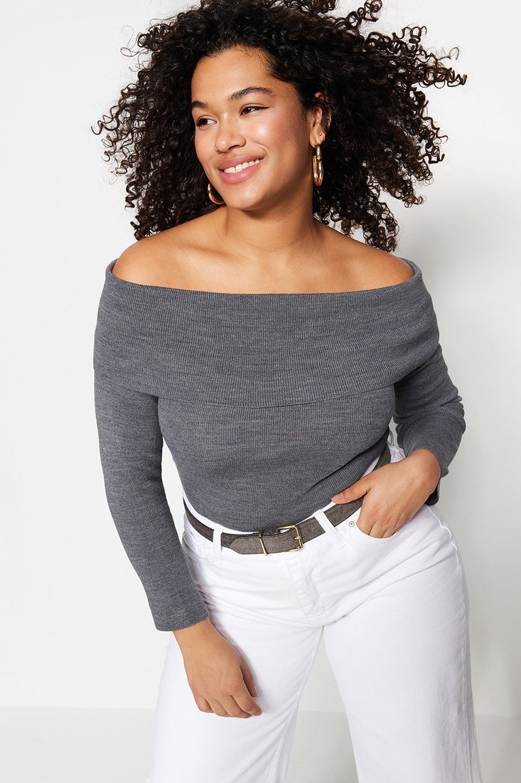 Trendyol Curve Plus Size Sweater - Gray - Regular fit