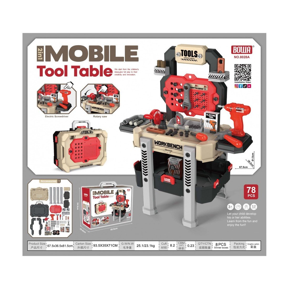 mamido Dětský kutilský stolek 78 dílů červený