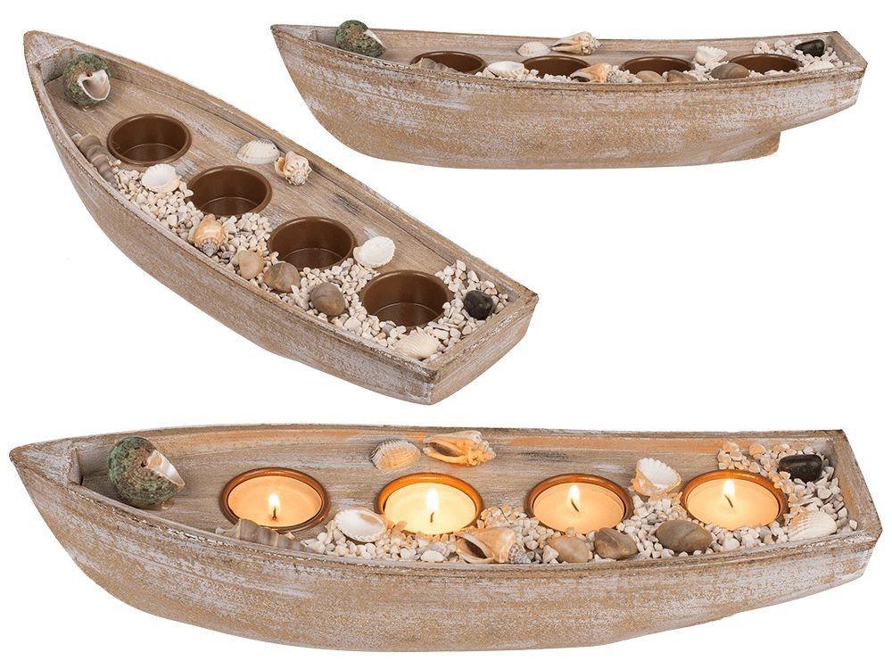Dřevěná loďka na 4 čajové svíčky, mušle a kamínky, včetně čajových svíček