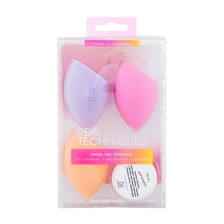 Real Techniques Chroma Ready, Set, Blend Set sada houbička na tekutý make-up Chroma Miracle Complexion Sponge 1 ks + houbička na pudrový make-up Chroma Miracle Powder Sponge 1 ks + čistící houbička Chroma Miracle Cleansing Sponge 1 ks + čistič h