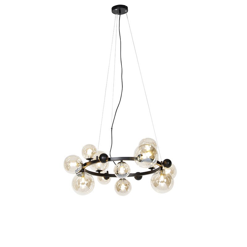 Art Deco závěsná lampa černá s jantarovým sklem 12 světel - David