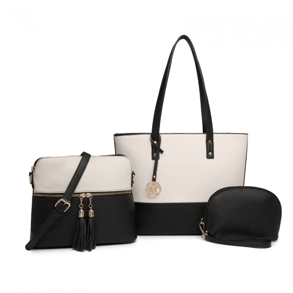 3-dílná sada tašek - shopperka, crossbody kabelka a kosmetička Miss Lulu Valeria - černá / bílá