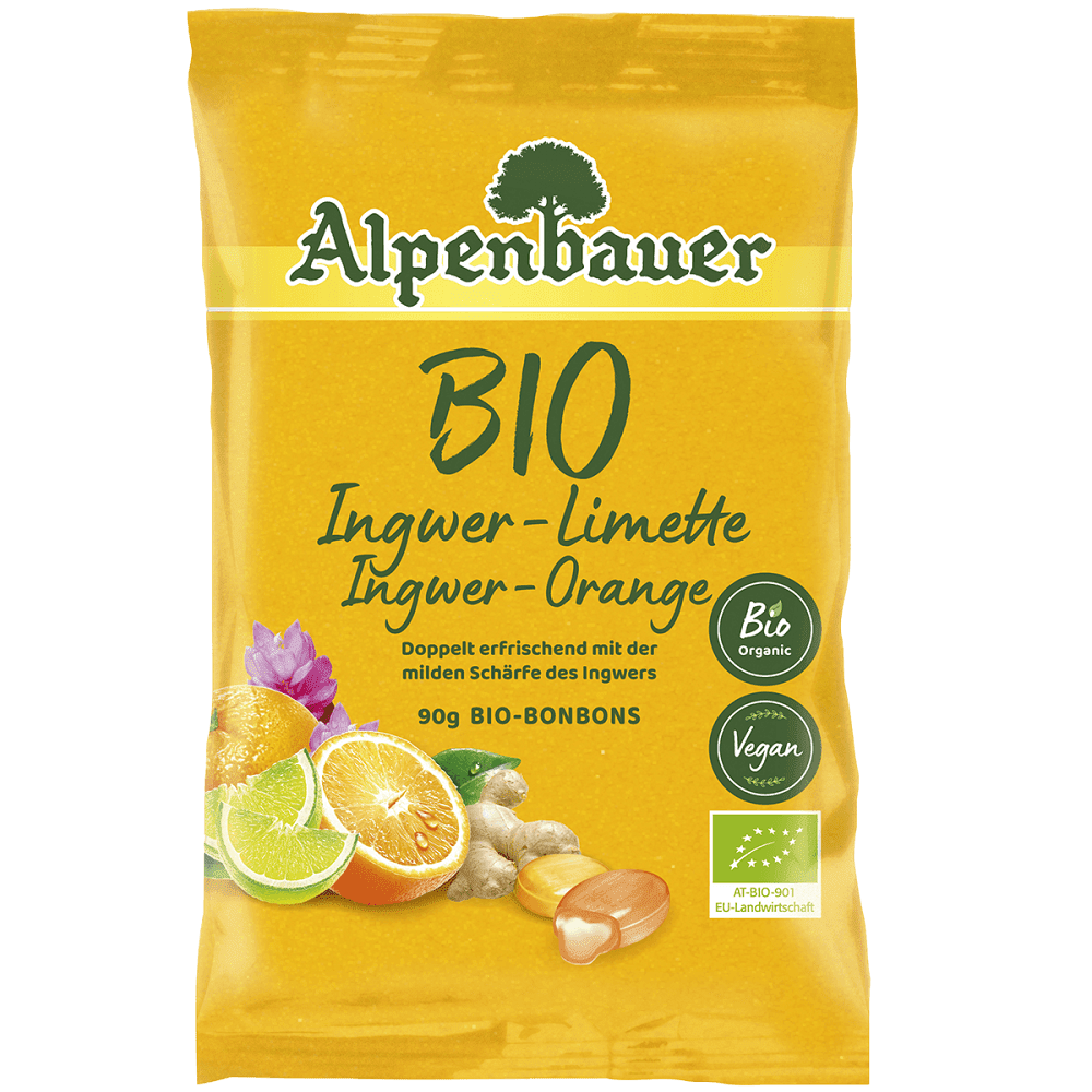 ALPENBAUER Přírodní bonbóny zázvor pomeranč  limetka BIO 90 g