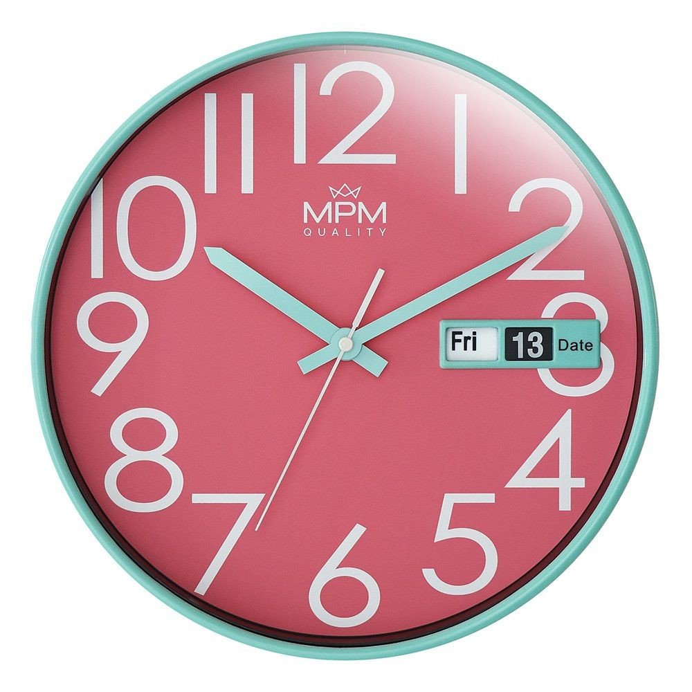 Nástěnné hodiny MPM Date Style v elegantním provedení s velkými arabskými číslicemi a malým okénkem pro zobrazení data a dne v týdnu v angličtině. Plastová konstrukce hodin, společně E01.4301.0023