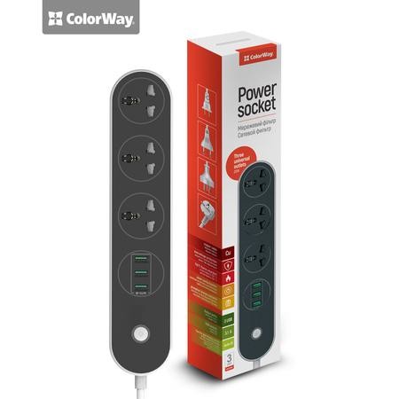 ColorWay Power Socket 3 zásuvky/3USB, čierna, 1,8m