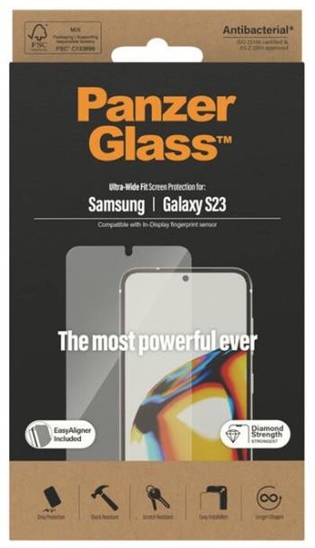 PanzerGlass pro Samsung Galaxy S23, celolepené s funkčním otiskem prstů, s instalačním rámečkem