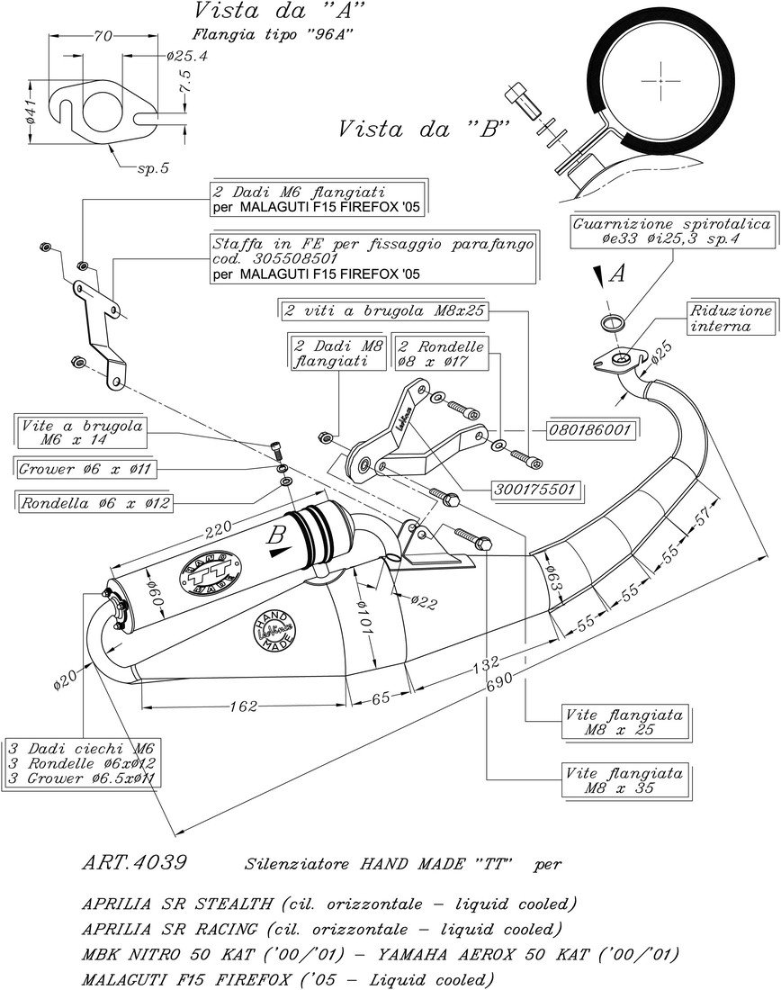 LeoVince 4039 Hand Made Aprilia SR (98-02); Keeway Focus 50/Matrix (06 >); Yamaha Aerox 50 (00-01)