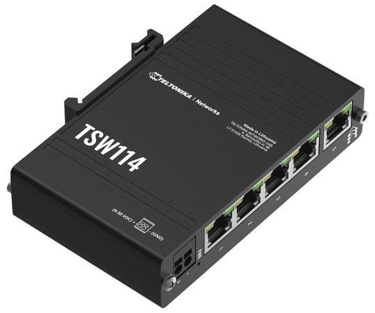 Teltonika TSW114 průmyslový switch 5x GE, integrovaný držák na DIN, TSW114000000