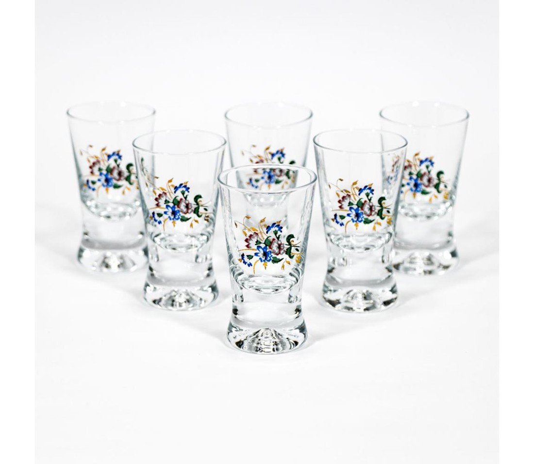 Sada 6x sklenice na panáky čirá s motivem kytice