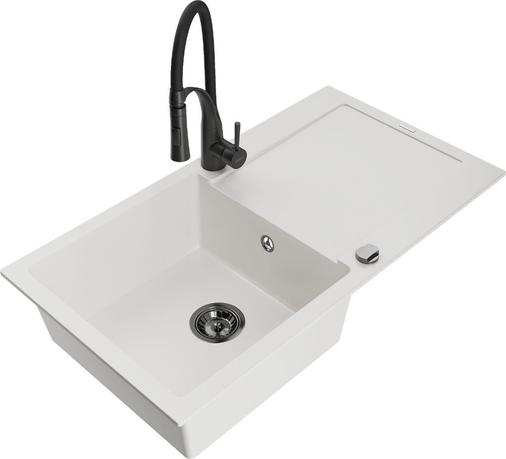 MEXEN/S Leo granitový dřez 1 s odkapávačem včetně baterie Aster, bílá 6501-20-73450-70-B