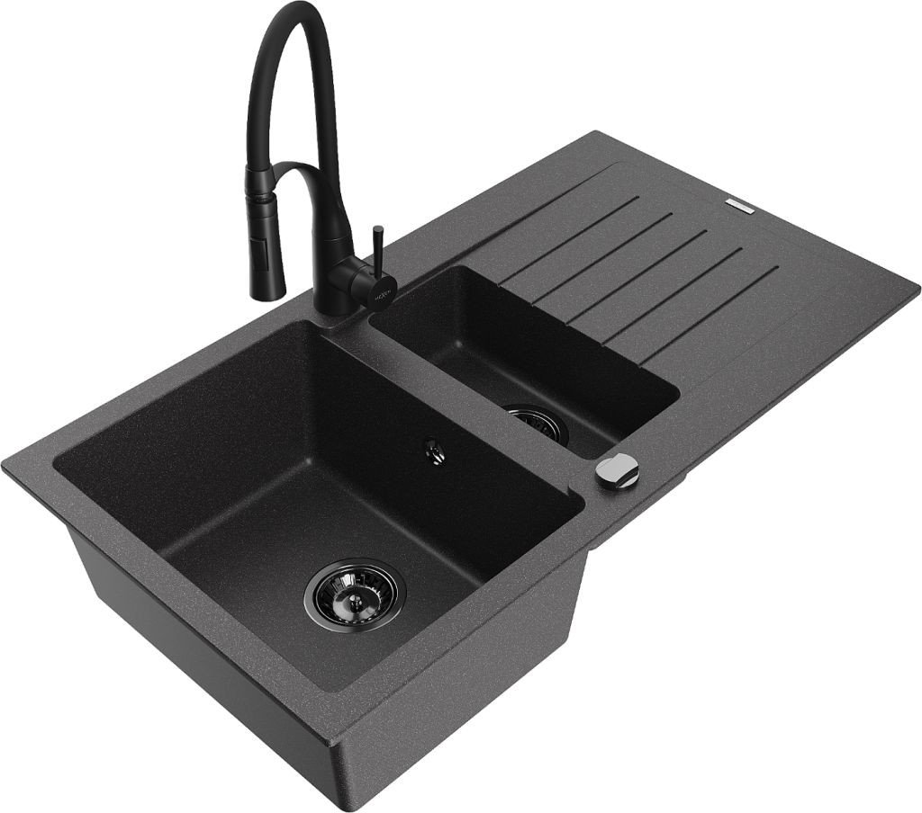 MEXEN/S Matias granitový dřez 1.5 s odkapávačem včetně baterie Aster, černá kropenatá 6502-76-73450-70-B