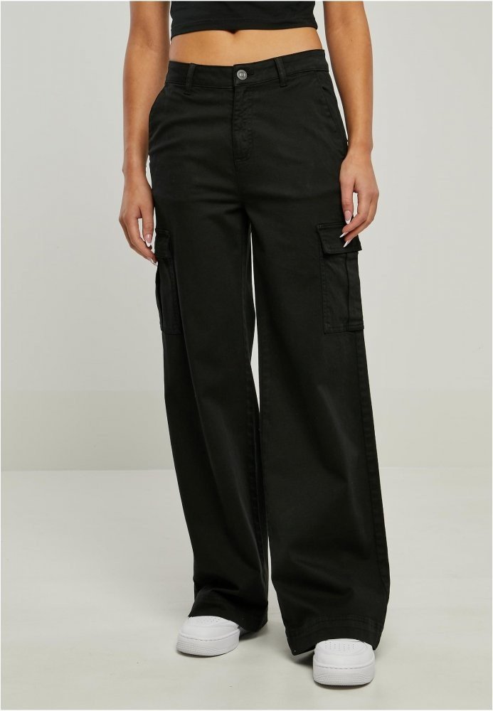 Ladies High Waist Wide Leg Twill Cargo Pants - black 26