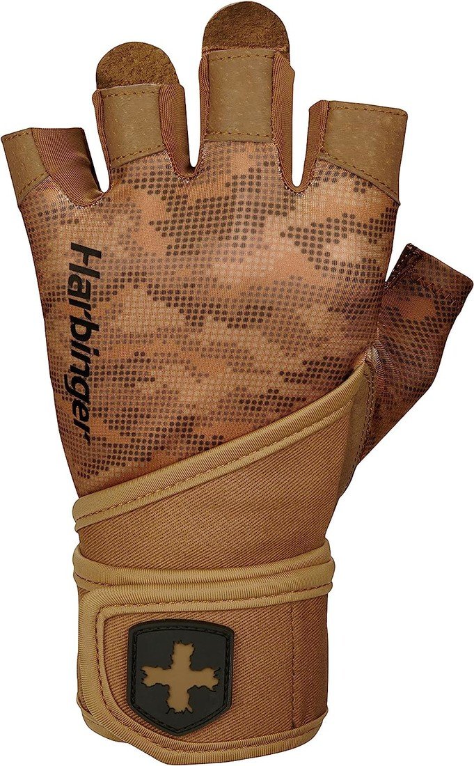 Harbinger 2.0 Pro Wristwrap Tan Camo, unisex fitness rukavice s omotávkou zápěstí, Velikost L