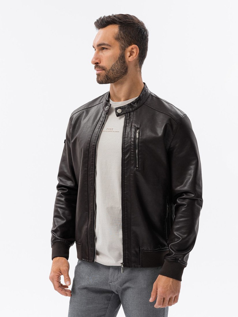 Ombre Men's imitation leather jacket with ribbed hem - dark brown