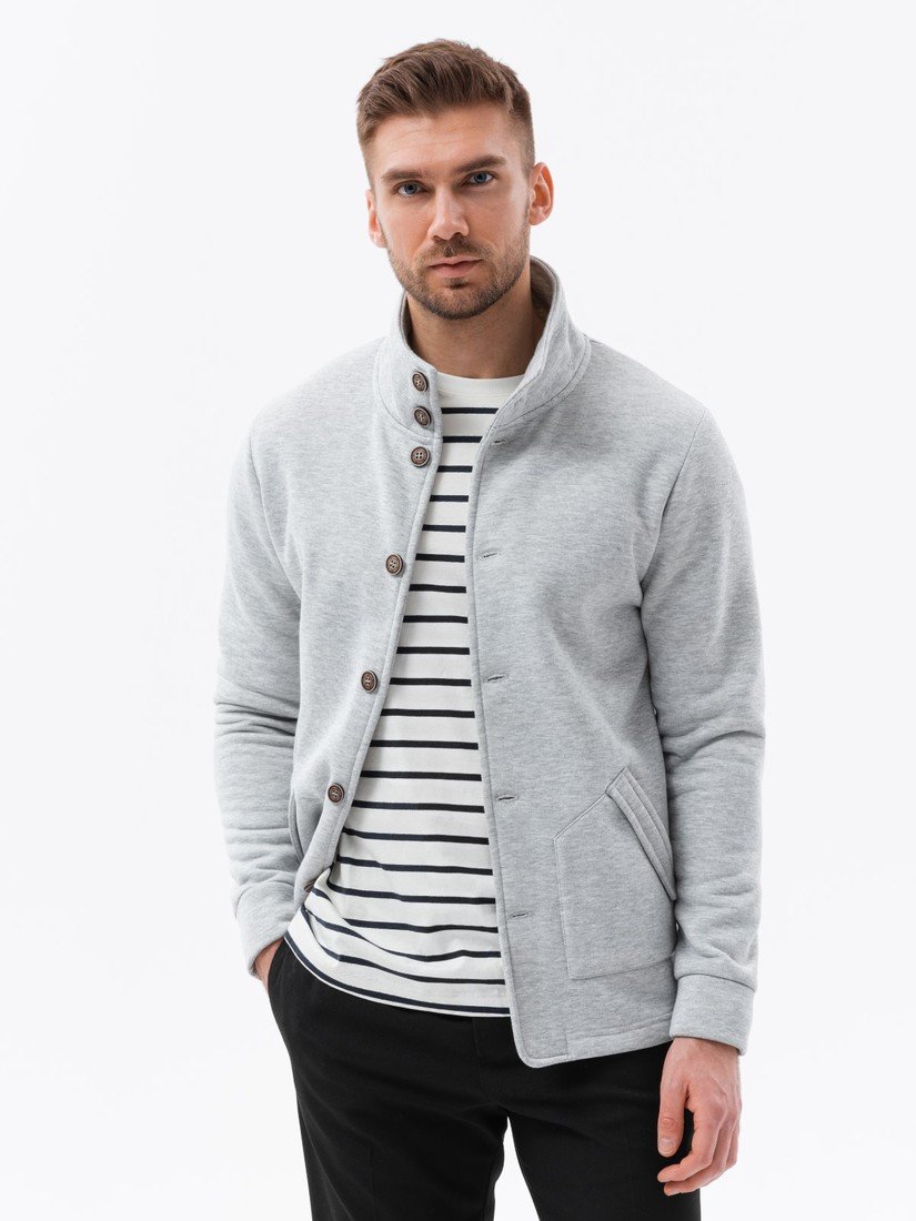 Ombre Men's button-down sweatshirt with stand-up collar - grey melange