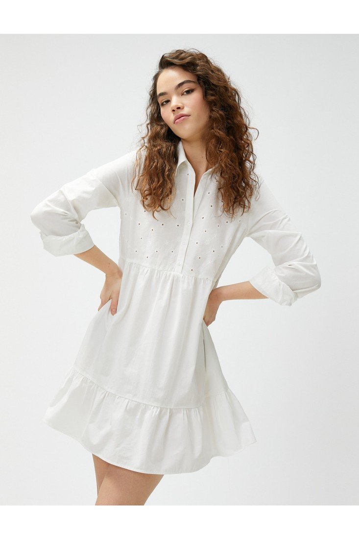 Koton Shirt Dress Embroidered Long Sleeve Ruffle Cotton