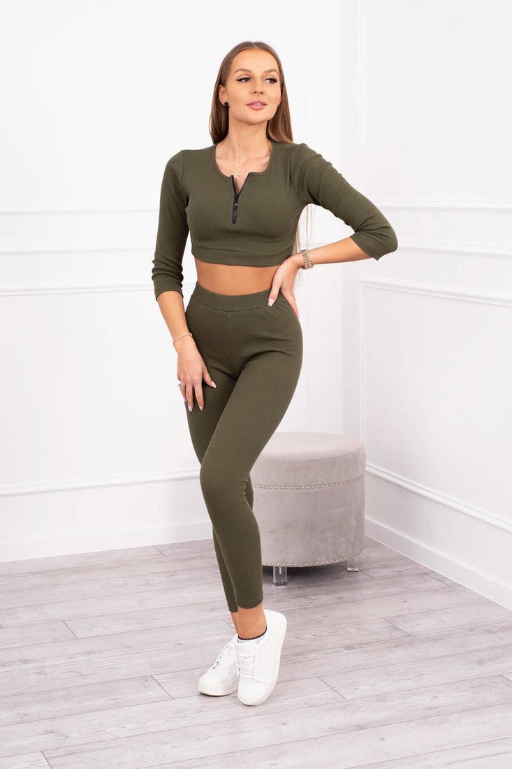 Žebrovaný crop top set khaki barvy