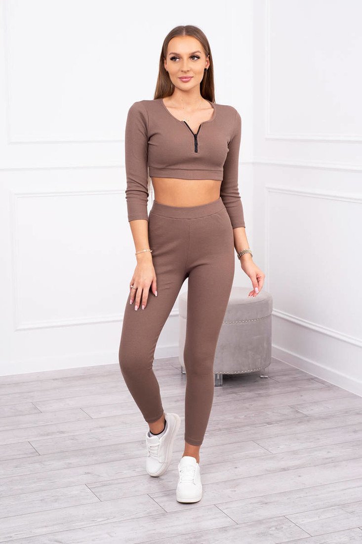 Žebrovaný crop top set mocca
