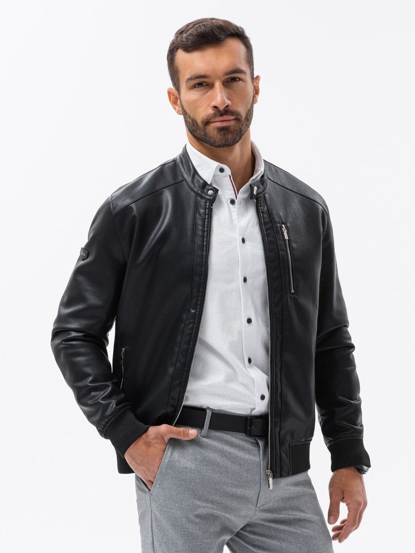 Ombre Men's faux leather jacket with ribbed bottom hem - black