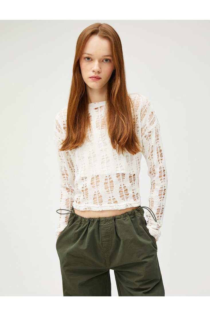 Koton Long Sleeve T-Shirt Mesh Crop Crew Neck Openwork