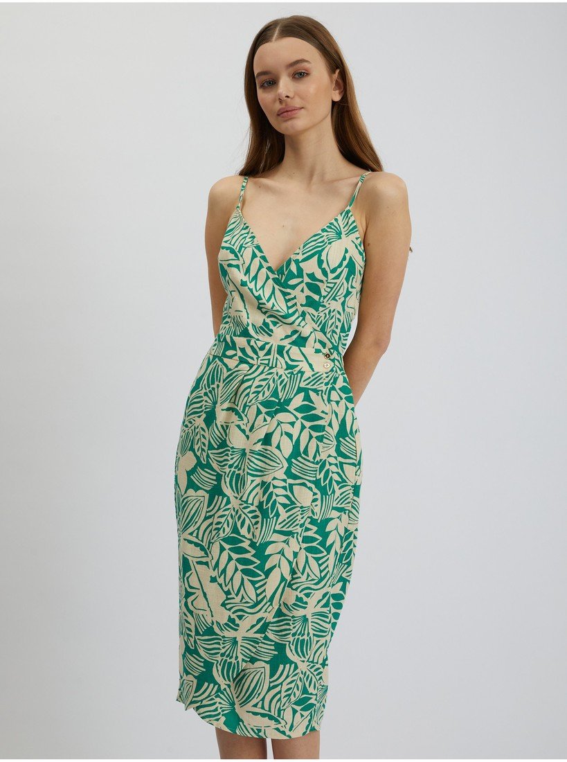 Orsay Krémovo-zelené dámské vzorované lněné midišaty - Dámské