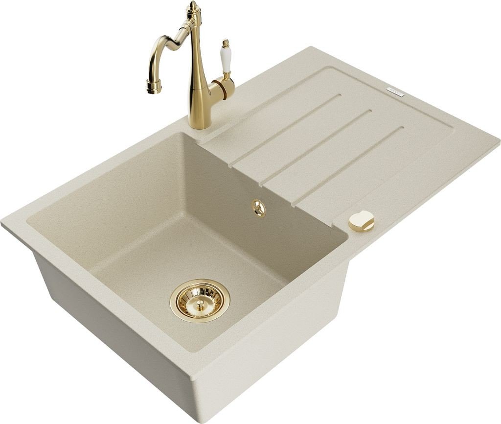 MEXEN/S Bruno granitový dřez 1-miska s odkapávačem včetně baterie Carla, béžová 6513-69-670700-50