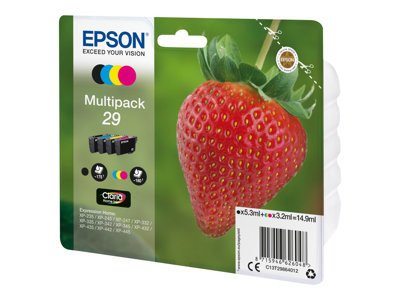 Epson 29 Multipack - 4-balení - 14.9 ml - černá, žlutá, azurová, purpurová - originální - blistr s RF / akustickým alarmem - inkoustová cartridge - pro Expression Home XP-235, 245, 247, 255, 332, 335, 342, 345, 432, 435, 442, 445, 455, C13T2986