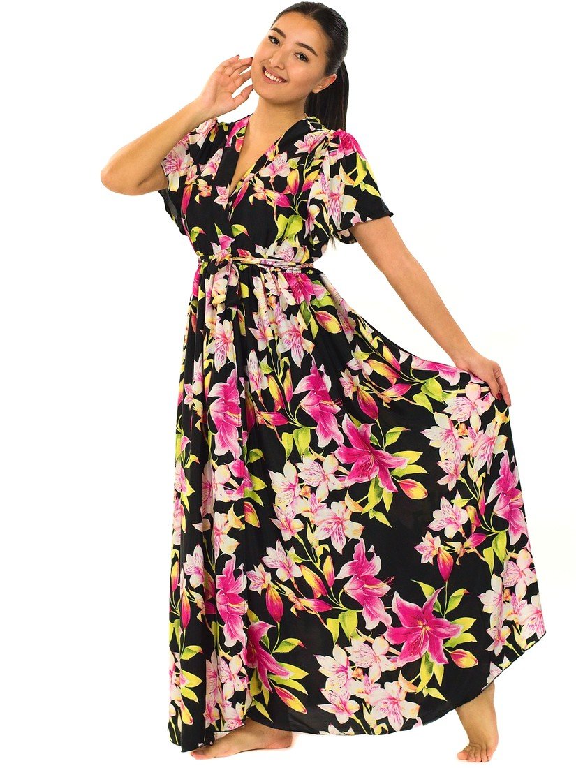 Himalife Dlouhé zavinovací šaty Lilie - černá s růžovou Velikost: S/M