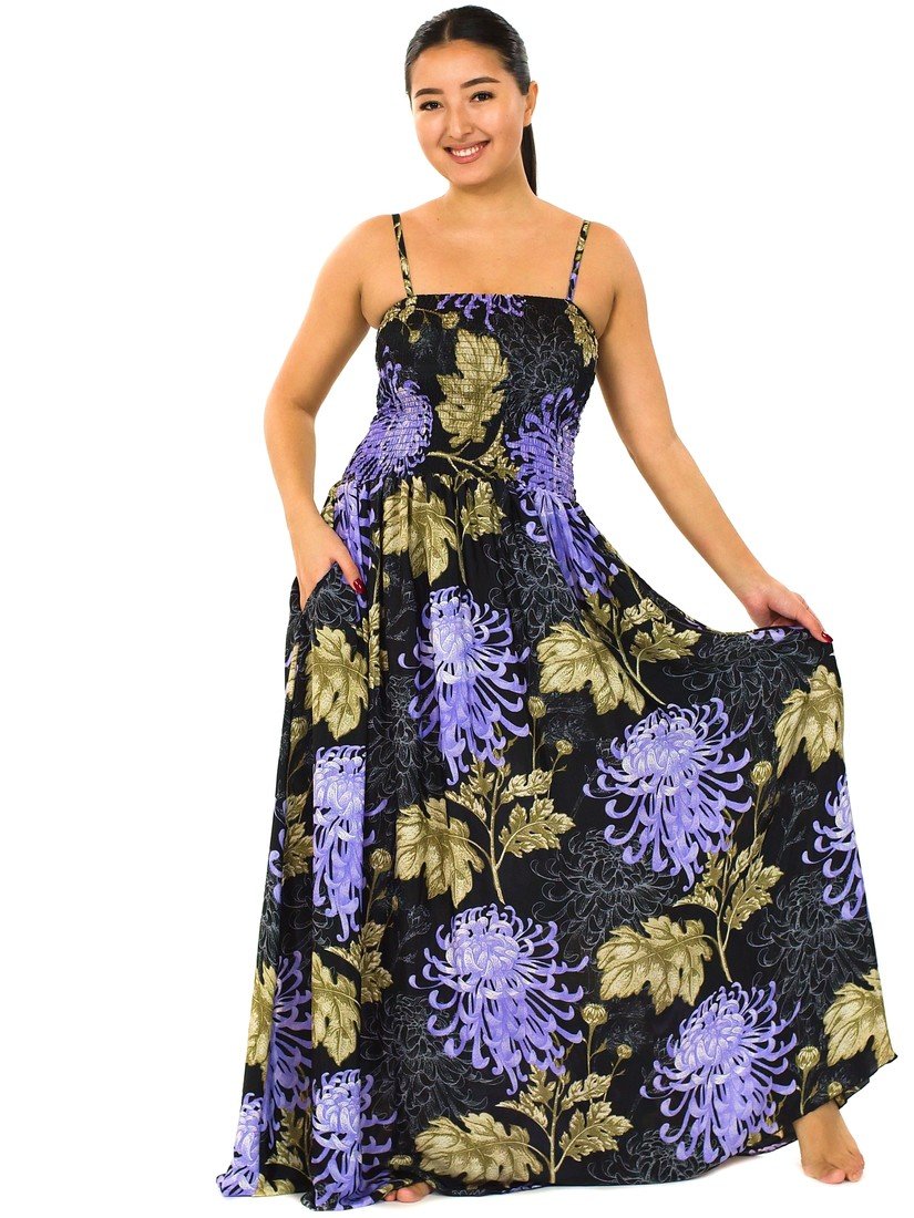 Himalife Dlouhé šaty s kapsami Astra - černá s fialovou a zlatou Velikost: S/M