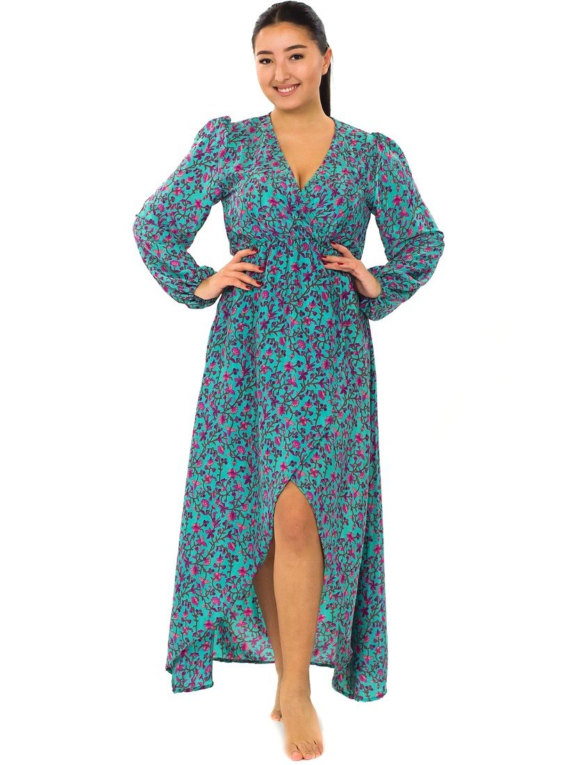 Himalife Šaty s dlouhým rukávem Manoa - tyrkysová s růžovou Velikost: S