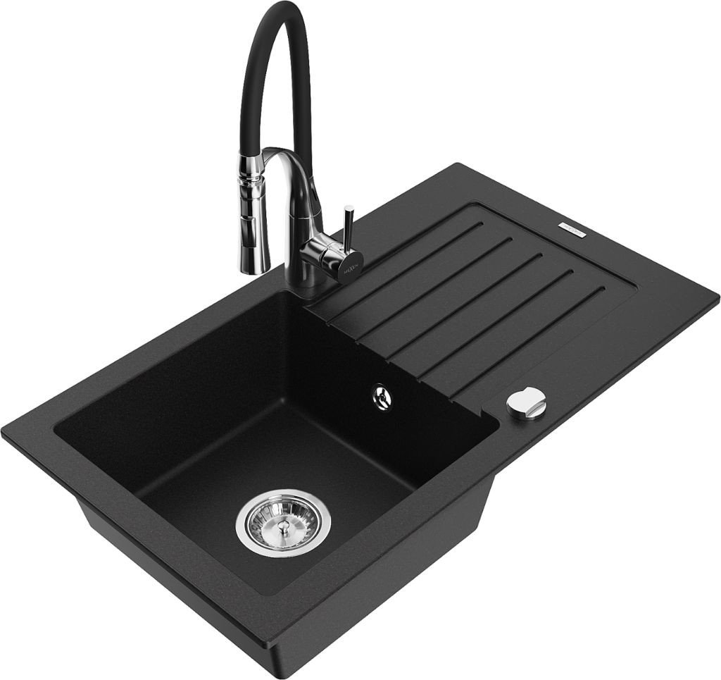 MEXEN/S Pablo granitový dřez 1 s odkapávačem včetně baterie Aster, černá 6510-77-73450-07