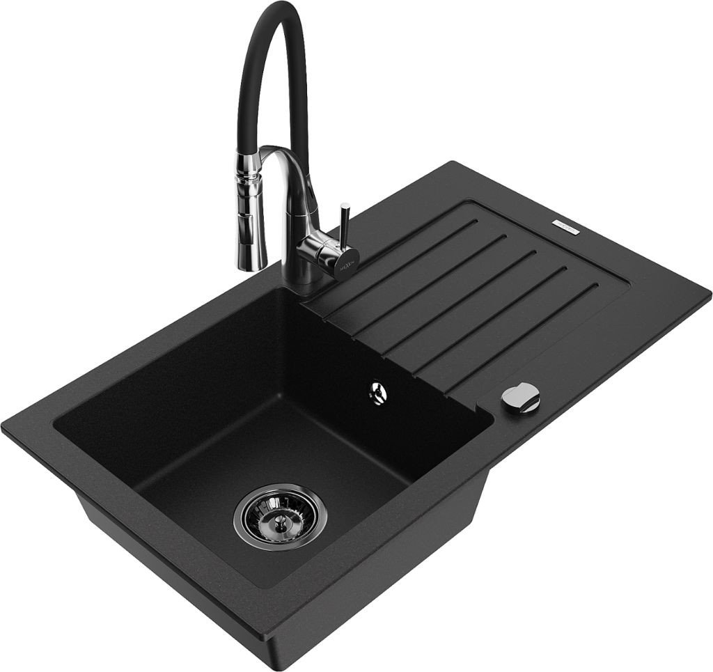 MEXEN/S Pablo granitový dřez 1 s odkapávačem včetně baterie Aster, černá 6510-77-73450-07-B