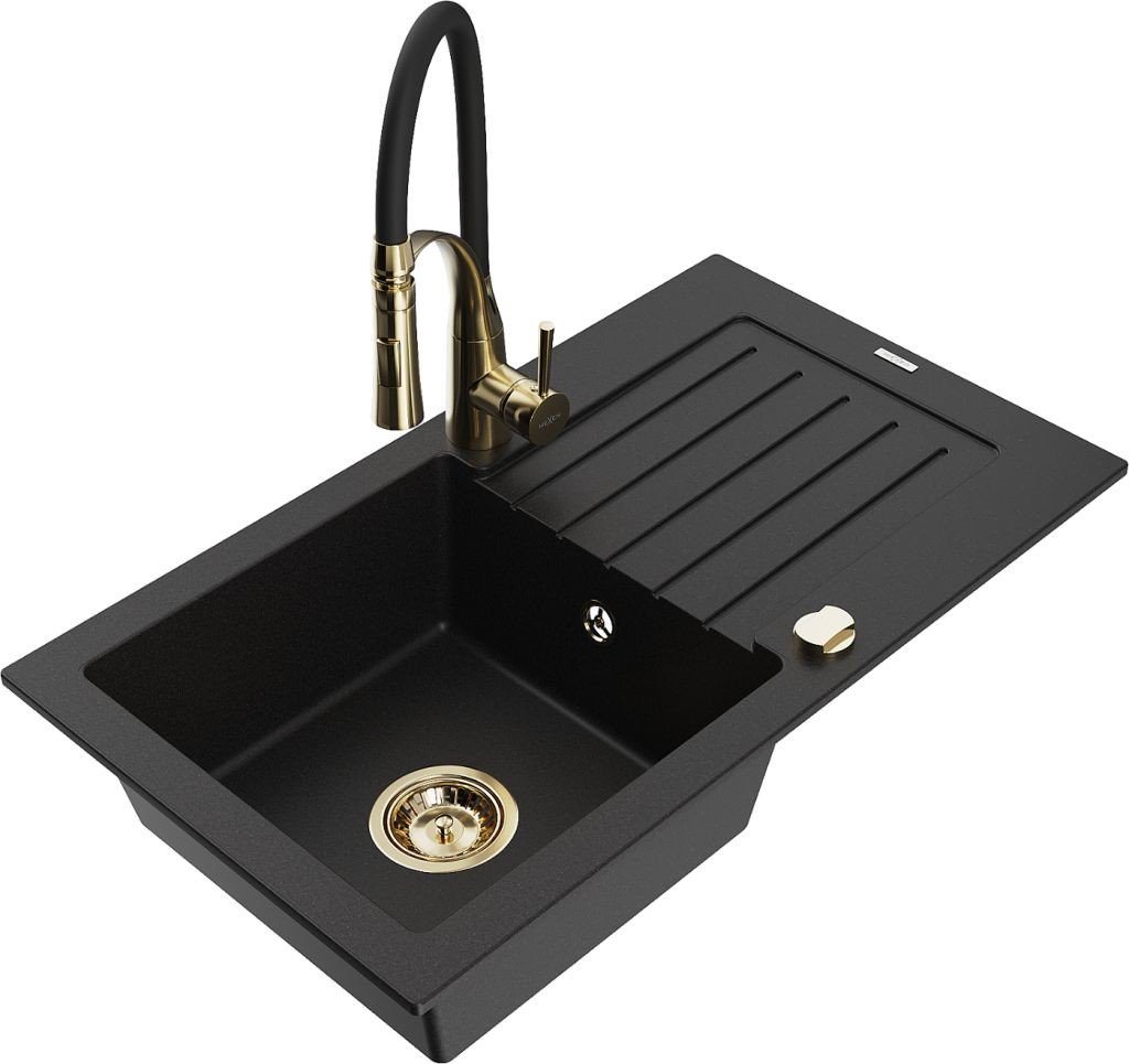 MEXEN/S Pablo granitový dřez 1 s odkapávačem včetně baterie Aster, černá 6510-77-73450-57-G